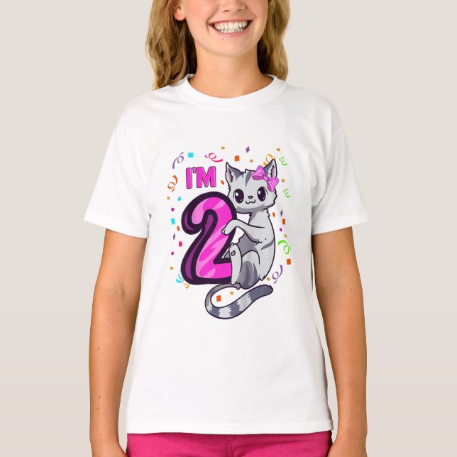 Kids Girls 2nd Birthday Outfit I'm 2 Years Old Cat T-Shirt (Front)