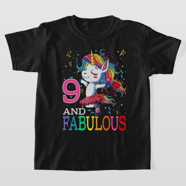 Kids Girls 9h Birthday Unicorn Fabulous 9 Years Ol T-Shirt (Laydown)