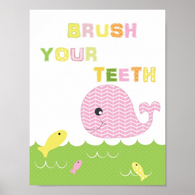 Kids girls bathroom art brush your teeth poster (Front)