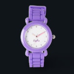 Kids Girls Modern Cute Purple Custom Name Monogram Watch<br><div class="desc">Custom, personalized, kids girls cute fun pretty chic cool girly purple silicone strap, plastic case, wrist watch. Simply type in the name, to customize. Go ahead create a wonderful, custom watch for the lil princess in your life - daughter, sister, niece, grandaughter, goddaughter, stepdaughter. Makes a great custom gift for...</div>