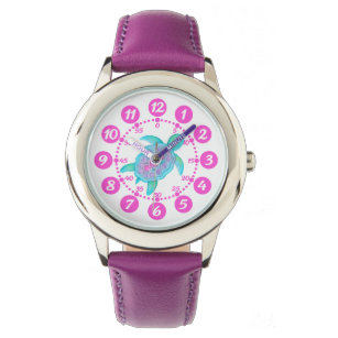 Kids girls pink & white turtle hearts wrist watch