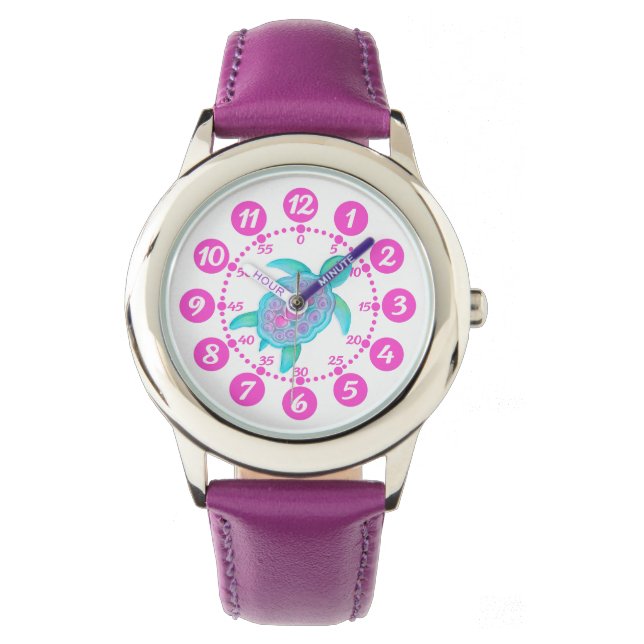 Kids girls pink & white turtle hearts wrist watch (Front)