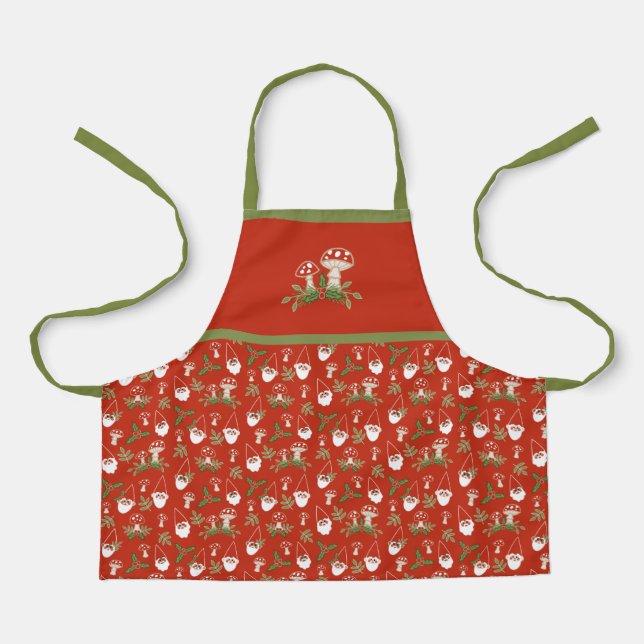 Kids' Gnomes and Mushrooms on Red Woodland Holiday Apron (Front)