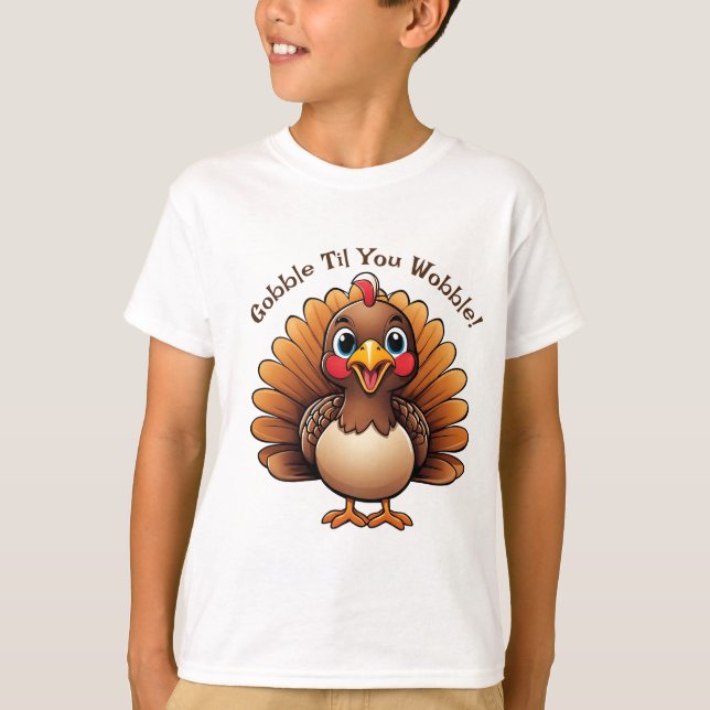 Kids "Gobble Til You Wobble" T-Shirt with Turkey (Front)