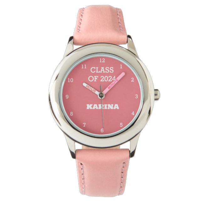 Kids Grad Girl Pink Graduation Name School Watch (Front)