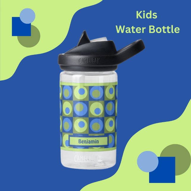 Kids Green Blue Personalized Dot Square Theme Water Bottle (Creator Uploaded)