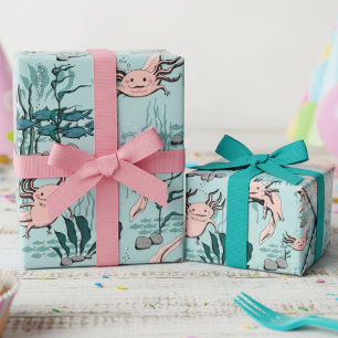 Kids Green & Blush Pink Underwater Axolotl Drawing Wrapping Paper