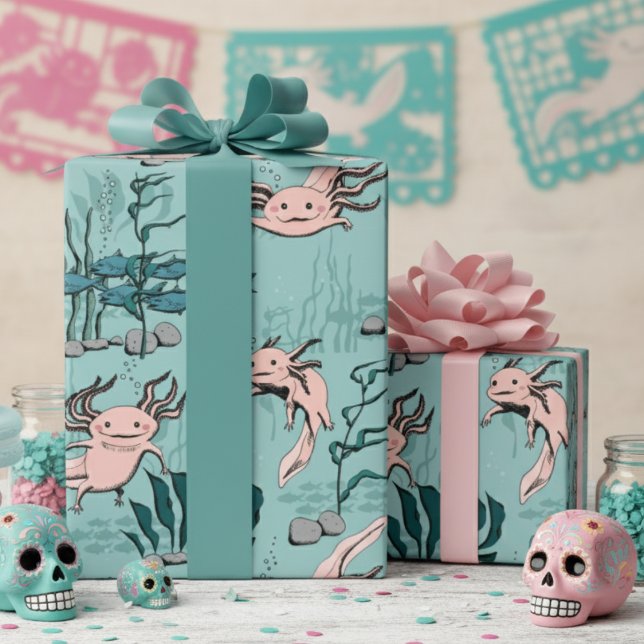 Kids Green & Blush Pink Underwater Axolotl Drawing Wrapping Paper (Mexican Walking Fish Pink Axolotl Salamander Wrapping Paper in Turquoise Blue for Kids Birthday)
