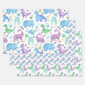 Kids' Green Purple Blue Dinosaurs Wrapping Paper Sheet
