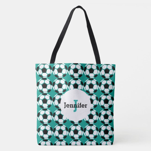 Kids Green Soccer Ball Pattern Personalized Trendy Tote Bag (Front)