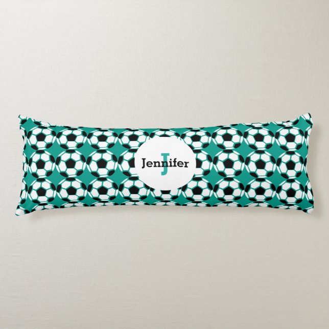 Kids Green Soccer Ball Pattern Personalized Unique Body Pillow (Front)