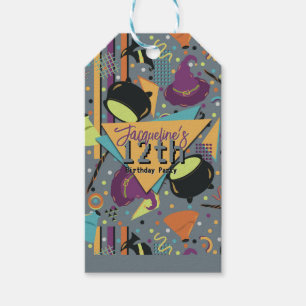Kids Grey Retro Witchy Halloween Birthday Gift Tags