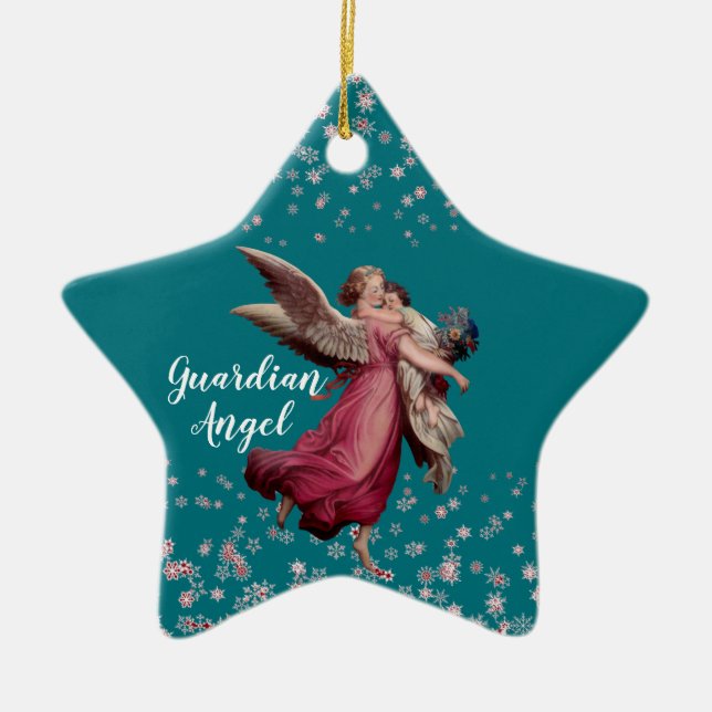 Kid's Guardian Angel in Blue Christmas Theme Star Ceramic Ornament (Front)