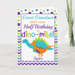 Kids Half Birthday 6 Month Dinosaur Dino-Mite Card<br><div class="desc">A fabulous colorful polka dot and chevron half birthday card for your Grandson or Great Grandson. Bright purple,  teal,  green and orange make this a eye catching and fun design. The perfect way to wish someone a happy 6 month birthday.</div>