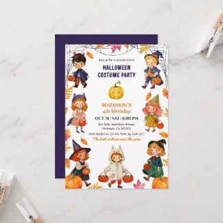Kids Halloween 4th Birthday Party Costume Pumpkin Invitation