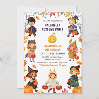 Kids Halloween 4th Birthday Party Costume Pumpkin Invitation