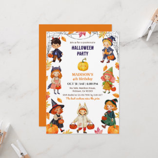 Kids Halloween 4th Birthday Party Costume Pumpkin Invitation