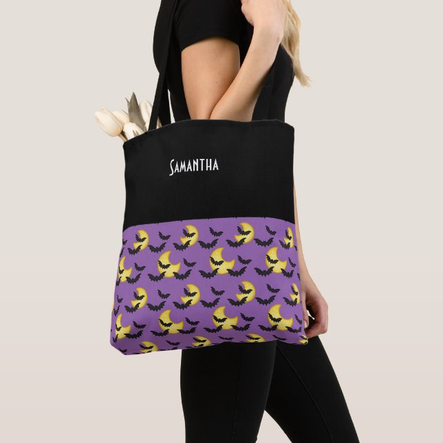 Kids Halloween Bats Flying Crescent Moon Ppl Name Tote Bag (Close Up)