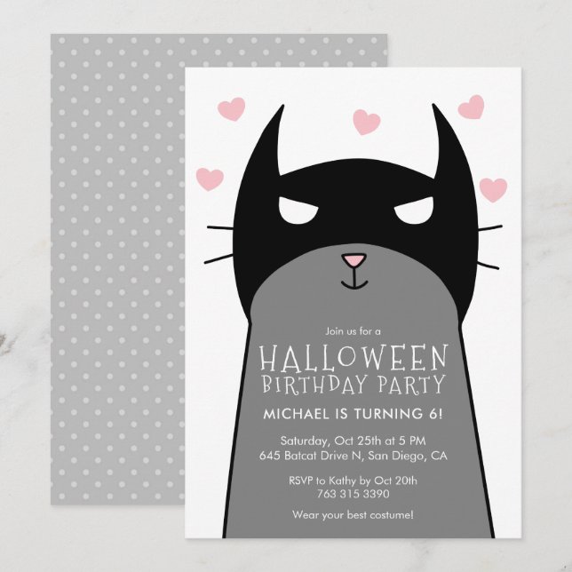 Kids Halloween Birthday Party Invitation | Bat Cat (Front/Back)