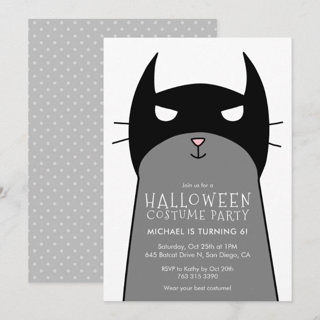 Kids Halloween Birthday Party Invitation | Bat Cat (Front/Back)