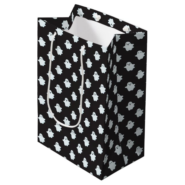 Kids Halloween Black w/ Cute White Ghosts Medium Gift Bag (Front Angled)