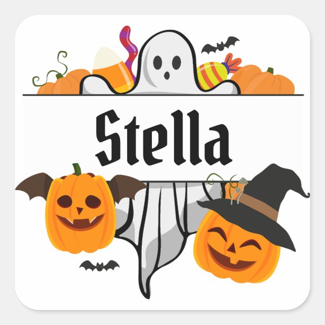 Kids Halloween name Tote Bag Trick Or Treat Square Sticker (Front)