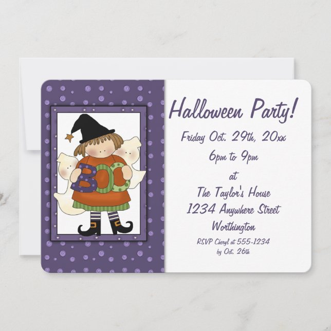 Kid's Halloween Party Invite Little Boo Witch 2 (Front)