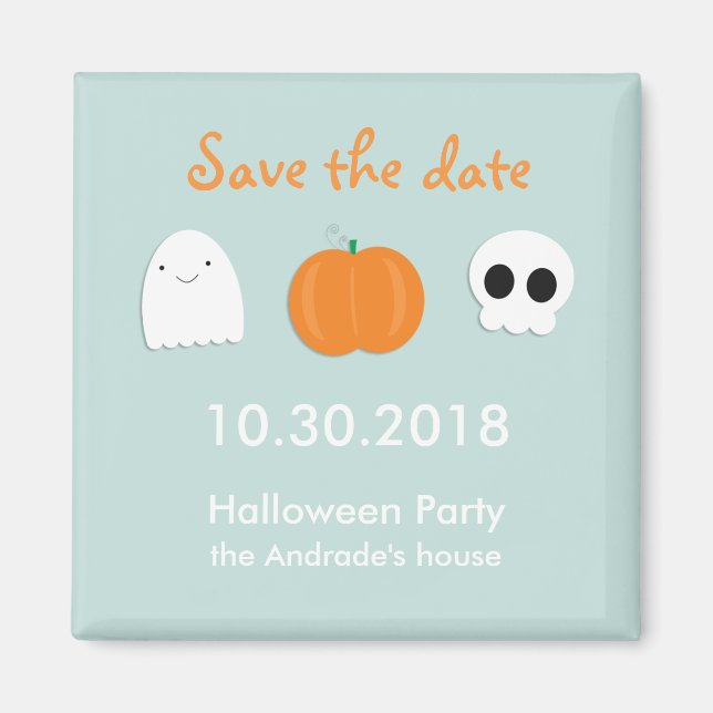 Kids Halloween Save Date Cute Ghost Skull Pumpkin Magnet (Front)