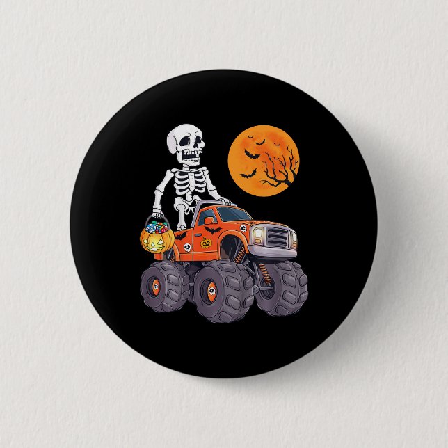 Kids Halloween Skeleton Riding Monster Truck Funny 2 Inch Round Button (Front)