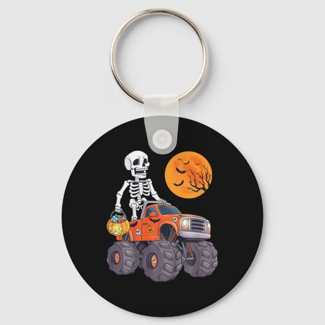 Kids Halloween Skeleton Riding Monster Truck Funny Keychain (Front)
