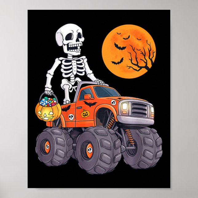 Kids Halloween Skeleton Riding Monster Truck Funny Poster (Front)