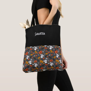 Kids Halloween Spider Webs Ghosts Cupcakes Name Tote Bag