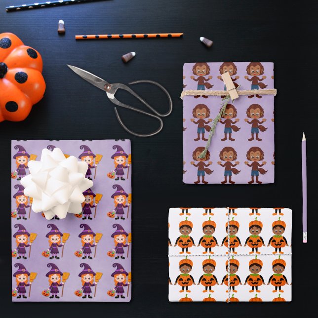 Kids’ Halloween Witch, Werewolf, Pumpkin Wrapping Paper Sheet (Creator Uploaded)