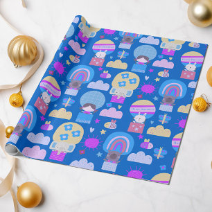 Kids Happy Birthday Blue Pink with Cute Animals Wrapping Paper