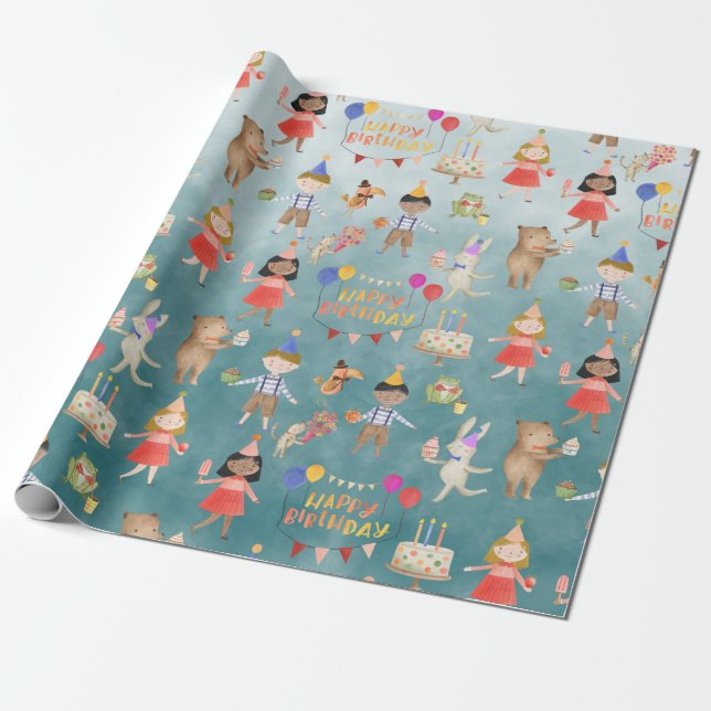 Kids Happy Birthday Party Inclusive Ethnicity Teal Wrapping Paper (Unrolled)