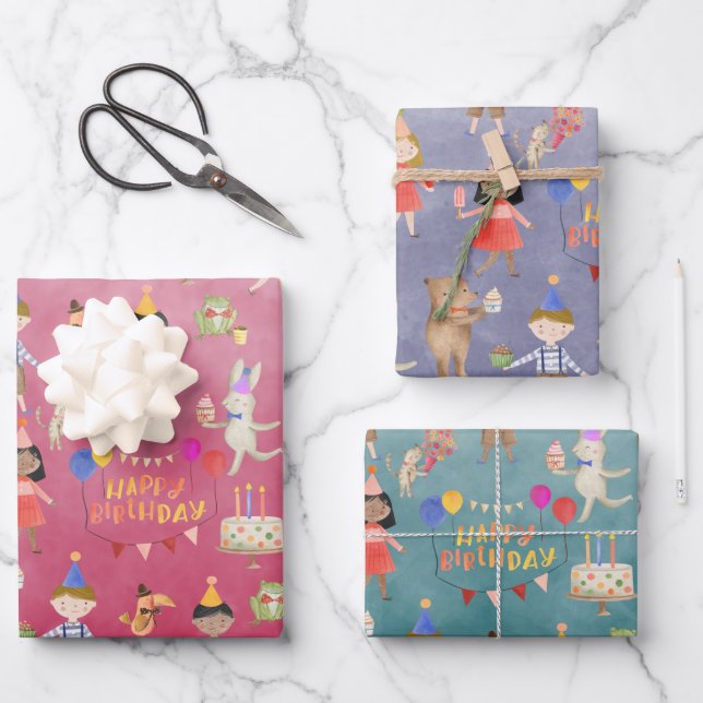 Kids Happy Birthday Party Inclusive Ethnicity Wrapping Paper Sheet (Front)