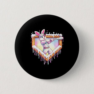 Kids happy easter bunny playing baseball boy ice 2 inch round button