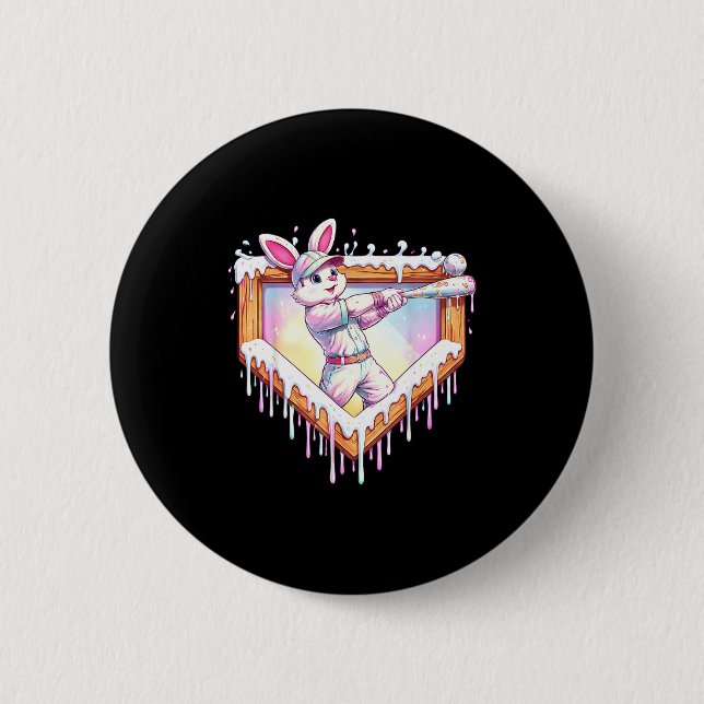 Kids happy easter bunny playing baseball boy ice 2 inch round button (Front)