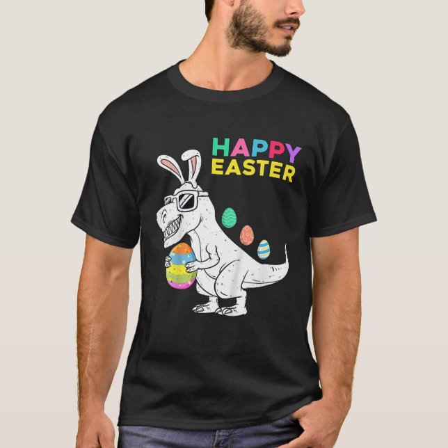 Kids Happy Easter T Rex Dino With Bunny Ears Funny T-Shirt (Front)