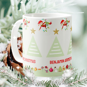 Kids Happy Elfs Christmas Tree Gold Star Coffee Mug