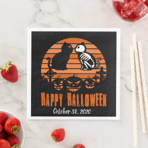 Kids Happy Halloween Skeleton Cat Retro Sunset Napkin