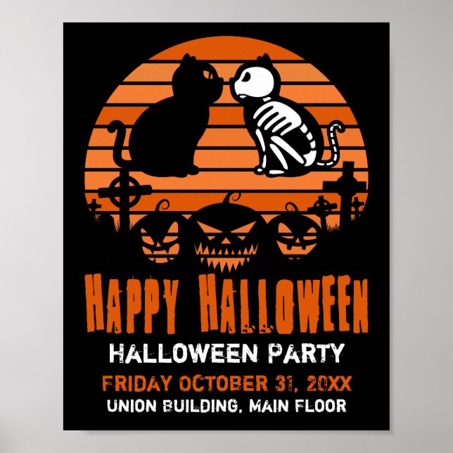 Kids Happy Halloween Skeleton Cat Retro Sunset Poster (Front)