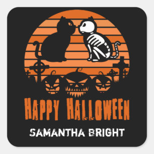 Kids Happy Halloween Skeleton Cat Retro Sunset Square Sticker