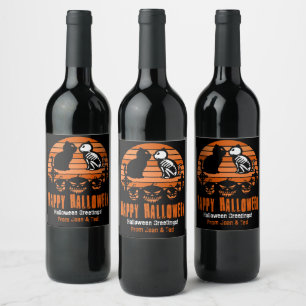 Kids Happy Halloween Skeleton Cat Retro Sunset Wine Label