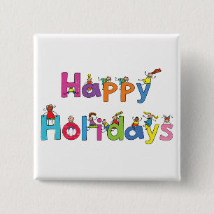 Kids Happy Holidays Stick Figure Typography 2 Inch Square Button