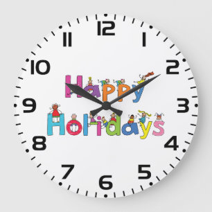 Kids Happy Holidays Stick Figure Typography Large Clock