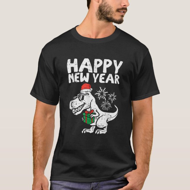 Kids Happy New Year T Rex Dino Dinosaur Christmas  T-Shirt (Front)