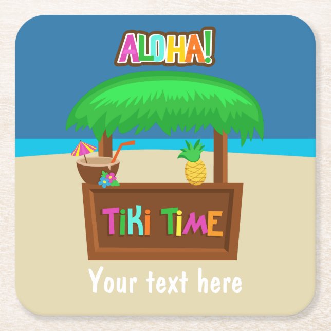 Kids Hawaiian Luau Party Personalized Square Paper Coaster (Front)