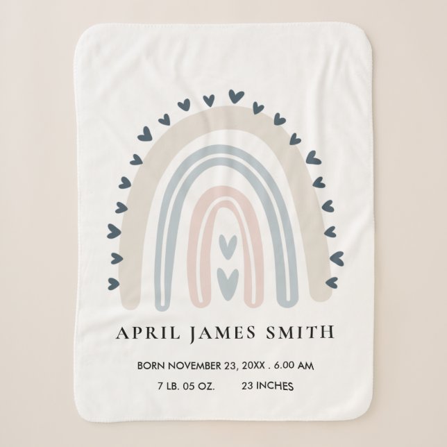 KIDS HEARTS BLUSH BLUE RAINBOW BABY BIRTH STATS SHERPA BLANKET (Front)