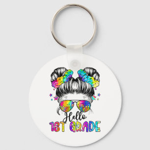 Kids Hello 1st Grade Messy Hair Bun Girl Ck To Sch Keychain
